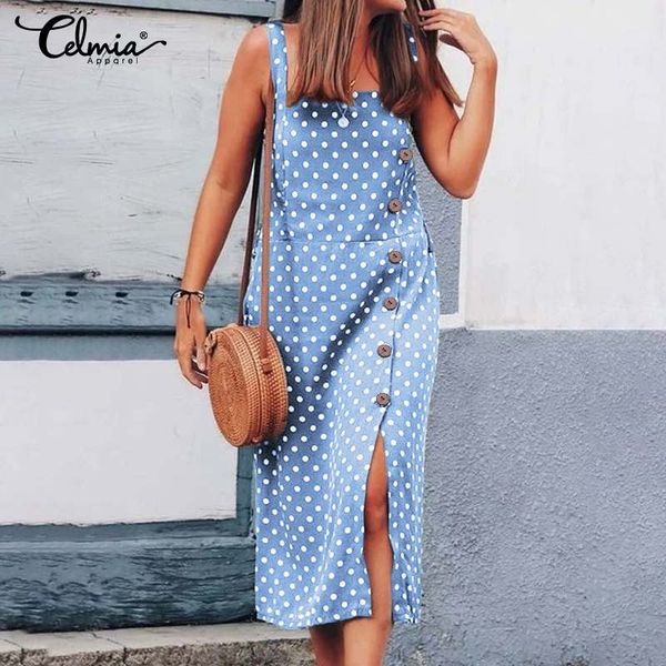 

celmia women summer straps sleeveless dress casual beach midi sundress bohemian polka dots party vestidos shirt robe s-5xl, Black;gray