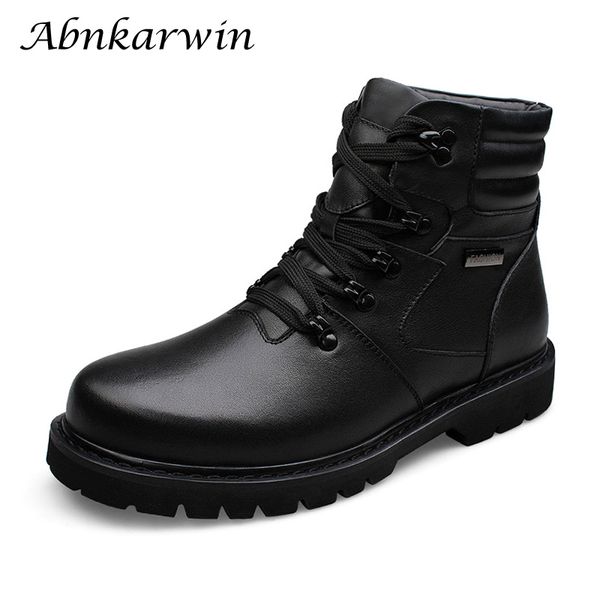 

genuine leather winter plush mid-calf round toe mens boots botas masculina buty zimowe botte homme dottor plus size, Black
