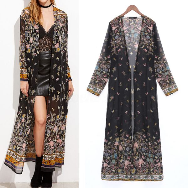 

women printed cardigan long jacket coat kimono cardigan long sleeve floral print party coat outwear loose casual top, Black;brown