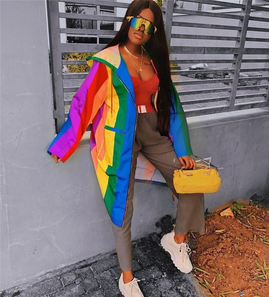 

rainbow print womens cardigan outerwears casual loose females clothing womens designer hooded jackets fashion panelled, Black;brown