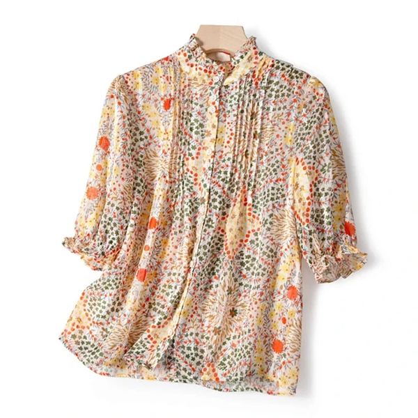

2020 new women summer blouse short puff sleeve ruffled neck heart flower printed female luxury casual shirts and, White