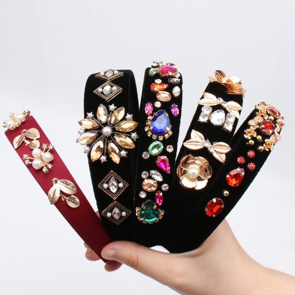 

hair accessories baroque jeweled pearl headband for women girls crystal rhinestone bezel elegant velvet satin hairband hair hoop