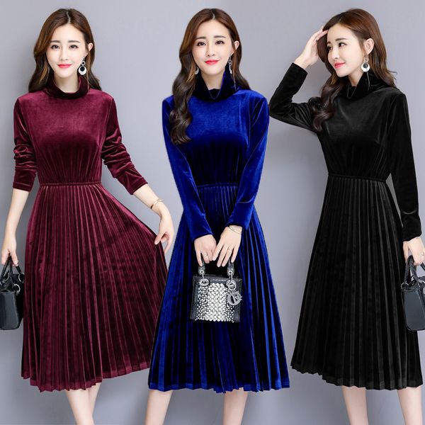 

the new gold velvet dress for autumn and winter 2019 is a long pleated skirt with high collar and long sleeves, Black;gray