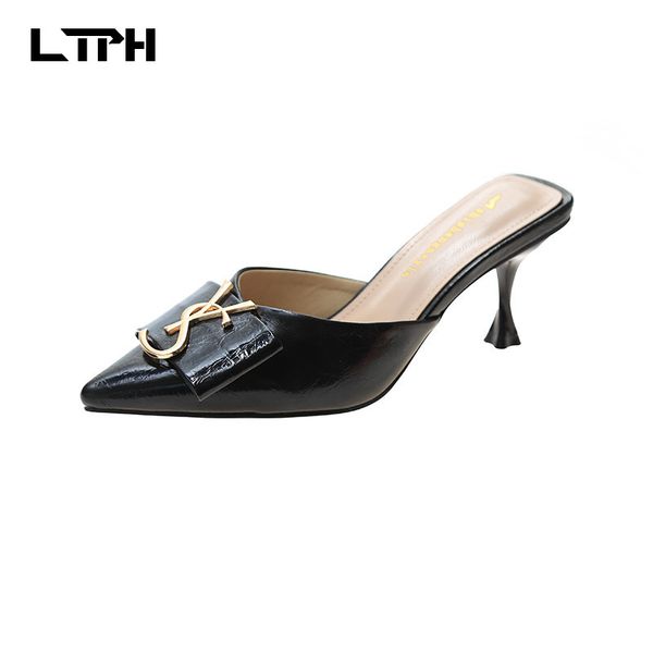 

020 spring new half pack high-heeled sandals and slippers female pointed mirror women's shoes ins outer wear red, Black