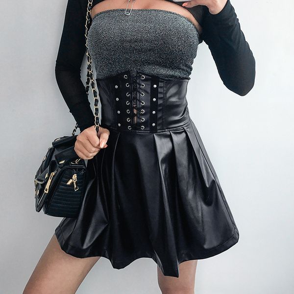

deat 2020 spring black high waist slim bandage pleated short mini skirt women mh897