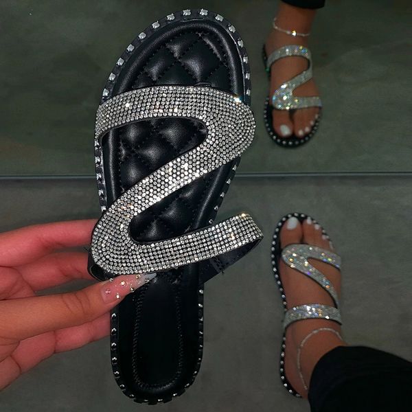 

crystal women slippers sandals flat heel shoes outdoor non-slip female slides beach slippers sandals sapato feminino, Black