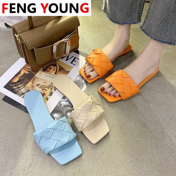 

flat women square slippers woven sandals and slippers female ins tide 2020 new summer wear seaside concise sandals, Black