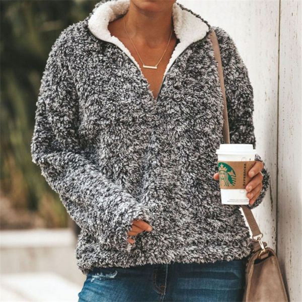

winter sherpa fleece sweater turtleneck fluffy thick fleece zip pullover winter warm streetwear women coat, White;black