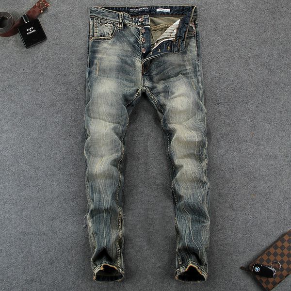 

italy style fashion men jeans slim fit cotton buttons pants hombre vintage design simple trousers streetwear classical jeans men, Blue
