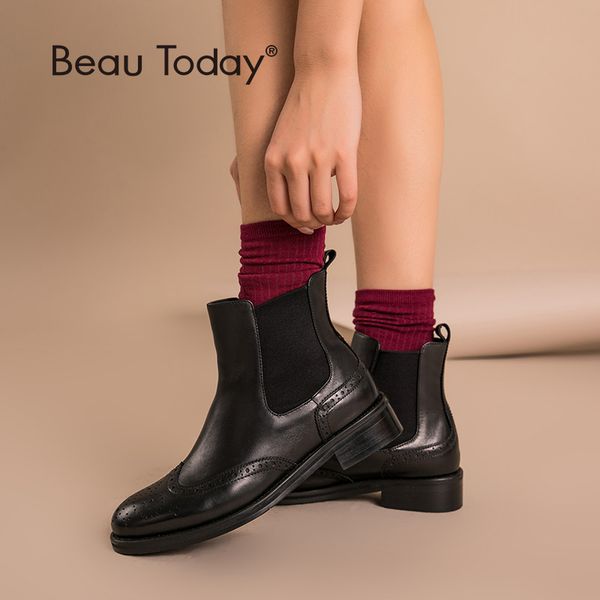 

boots women brogue boot beautoday brand genuine leather wingtip quality calfskin ankle shoes handmade plus size 03026, Black