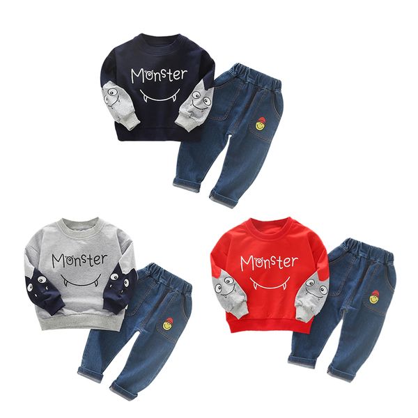 

new autumn costume set baby boys clothes long sleeve cartoon print sweatshirt and denim pants trouser hot, White
