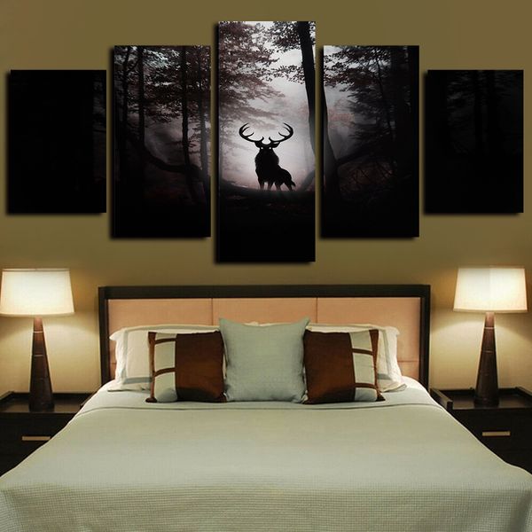 

5 piece canvas wall art oil paintings giclee art print deer dark forest night poster artwork for bedroom living room home decor
