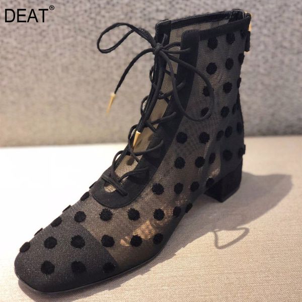 

deat] 2020 square toe bandage mesh dot lace casual single shoes women short boots new spring autumn fashion tide 10f894, Black