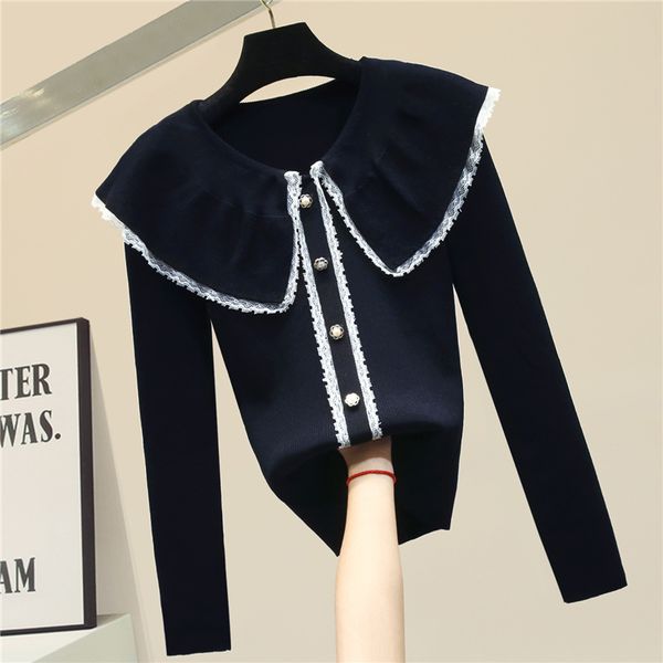 

doll collar lace trim panel slim-fit knit sweater women's new spring autumn sweater coat girls ladies button jumper femme, White;black