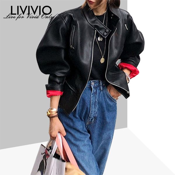 

livivio] pu leather lantern long sleeve stand neck padded jacket women coat 2019 winter fashion streetwear, Black
