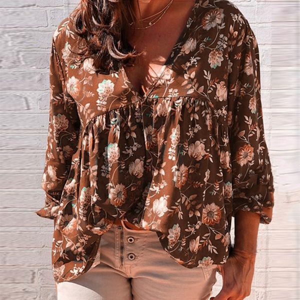 

autumn new women loose ladies deep v-neck blouse printing ladies leisure sleeve shirt for female women clothing, White