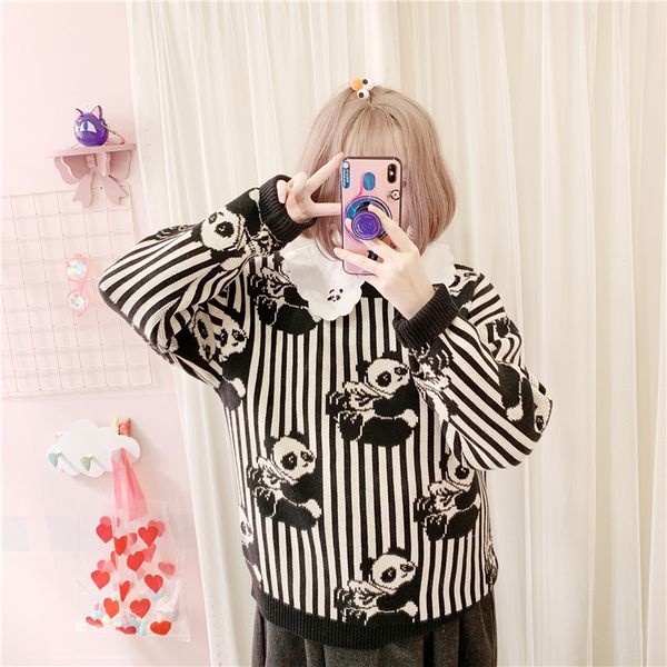 

grand l panda cute women's knitted sweater black & white stripped pullovers long sleeve fall,winter sweaters cute girls, White;black