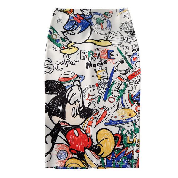 

women's pencil skirt 2019 new cartoon mouse print high waist slim skirts young girl summer large size japan female falda, Black;gray
