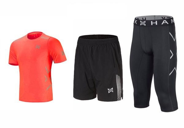 

2020 fitness suits 3pcs/set men quick dry breathable summer tight elastic gym short sleeved running sports training clothing, Black;blue