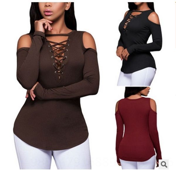 

shoulder-exposed cross lace-up deep v long sleeve base female shoulder-exposed cross lace-up t- shirt deep v long sleeve base shirt female t, White