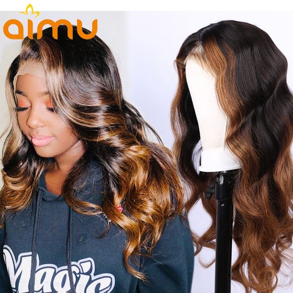 

colored ombre body wave human hair wig 13*6 deep part front brown lace glueless wigs for black women with plucked baby hair, Black;brown