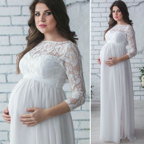 

lace pregnant women new fashion casual elegant solid o-neck lace up dress long gown lace summer fit and flare dresses hot, White