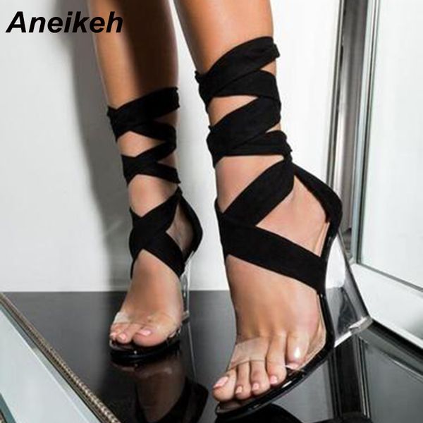 Aneikeh Moda Mulheres Sexy Shoes Peep Toe PVC transparente salto Cunhas Salto Alto Sandálias Gladiador Cruz Strap Lace-Up Bombas CY200518