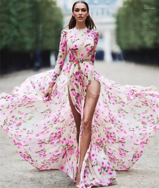 

new arrival womens dress fashion women designer dresses split floral printed long sleeve maxi dresses, Black;gray