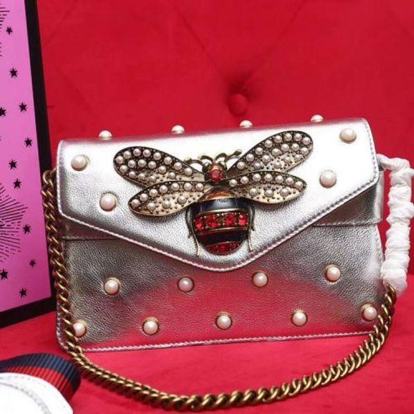 

pearl studded metal bee mini chain shoulder bag clutch bag 453778 silver real leather iconic bags totes cross body business messenger bags