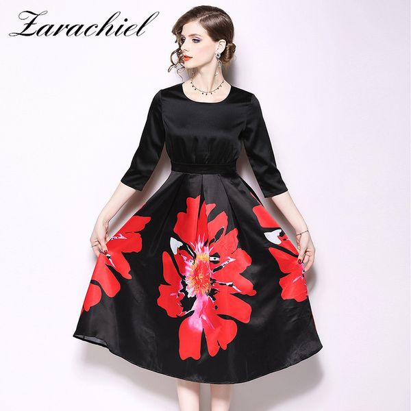

runway designer women floral printing a-line dress elegant red flower midi dress new 2019 spring summer vintage office vestidos, Black;gray