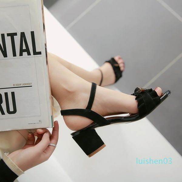 

big size 9  11 12 high heels sandals women shoes woman summer ladies folded bow with thick heel and buckle sandals l03, Black