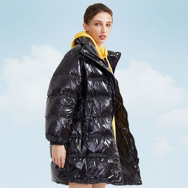 

quality white duck down jacket winter women parks 2019 fashion glossy jackets ladies thick stand collar loose coats female hs747, Black