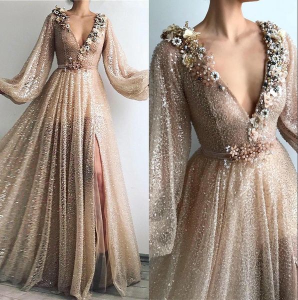 

v neck lace a line long prom dresses 3d floral lace applique long sleeves split floor length formal party evening dresses bc2550, Black