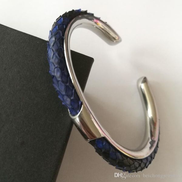 

beichong genuine black python leather bracelet with silver stainless steel c bangle for watch bracelet classic women men gift