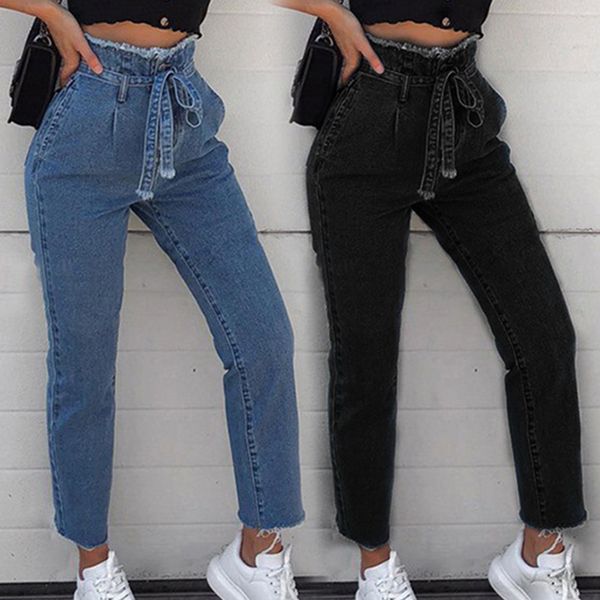 

women jeans casual trousers high waist trimmings pants slim denim skinny pants with bow tie belt, Blue