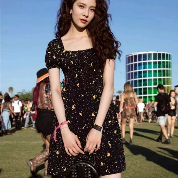 

cmaz 2020 summer women floral pleated dresses fashion square collar butterfly sleeve slim fit female a-line dress cmazh0414, Black;gray