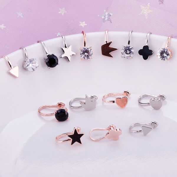 

16 styles bright smooth surface heart star flower triangle crown crystal ear cuff women clip earrings #273727, Silver