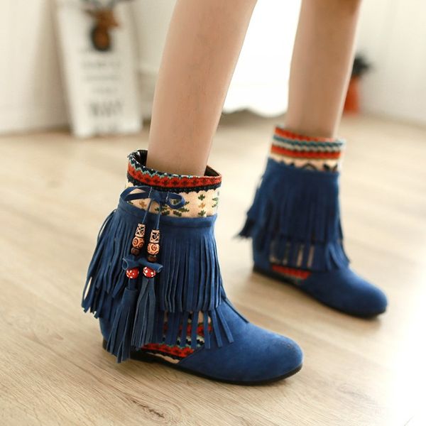 

botas femininas women shoes elevator hidden wedges heel national trend euro 39 us size 8.5 ankle tassel women boots, Black