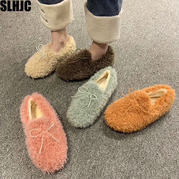 

slhjc cute curly fur shoes women autumn winter flat heel slip on candy color loafers house outside snow flats, Black