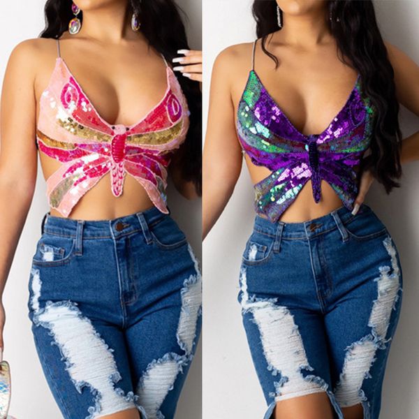 

2020 camisole suspenders butterfly sequined women tank summer tshirt, White