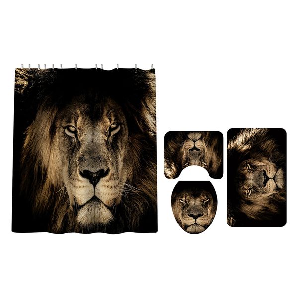 

4 pieces lion bathroom shower curtain set with bath rug toilet lid cover
