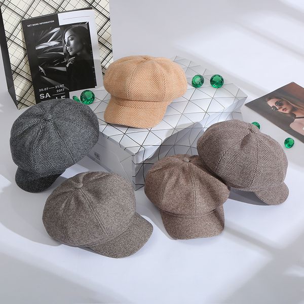 

lady autumn winter octagonal hat painter style women vintage fashion lattice berets female newsboy bonnet warm walking cap d07, Blue;gray