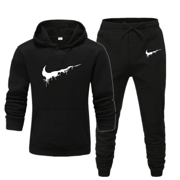

2019fashion men track suit hoodies suits brand tracksuit men hip hop sweatshirts+sweatpants autumn winter fleece hooded pullover, Black