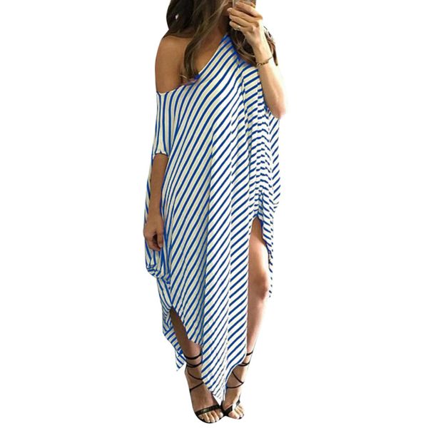 

5xl women loose long striped dress batwing sleeve off shoulder summer dress 2019 split asymmetric casual plus size maxi, Black;gray
