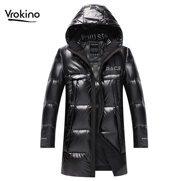 

s-4xl размер русская зима мужская пуховая куртка мужская мода длинный отрезок яркий 90% белая утка вниз куртка black silver