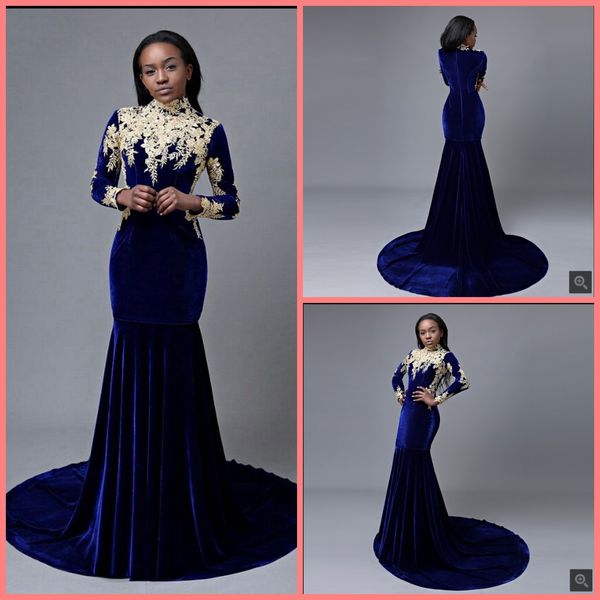 

long prom dresses 2019 mermaid high neck long sleeve gold applique african royal blue velvet prom dress party evening dresses, Black