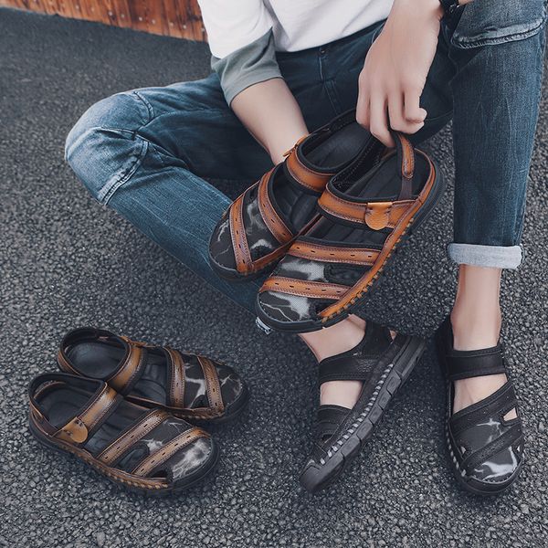 

2019 summer trend of fashion rome porous shoes breathable mesh closed-toe outdoor sandals sandals men's shoes p, Black