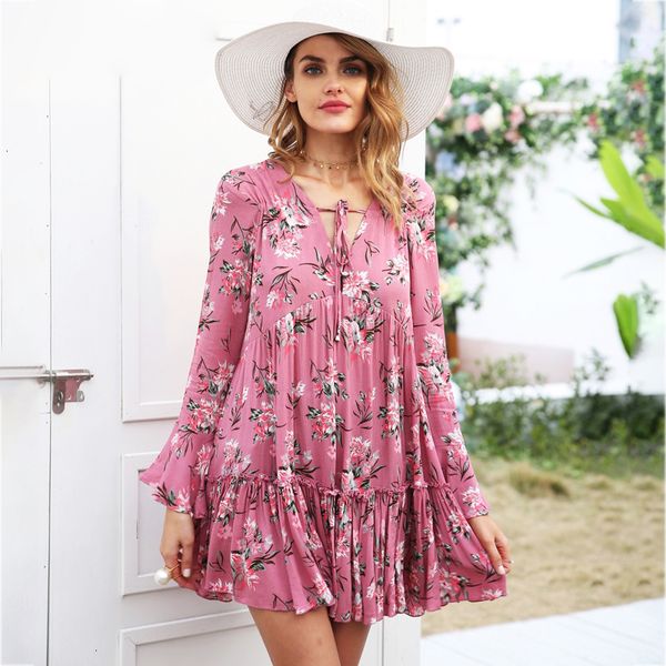 

long sleeve dress women clothes lace up print dress women long sleeve ruffle loose short dress spring casual summer female streetwear, Black;gray