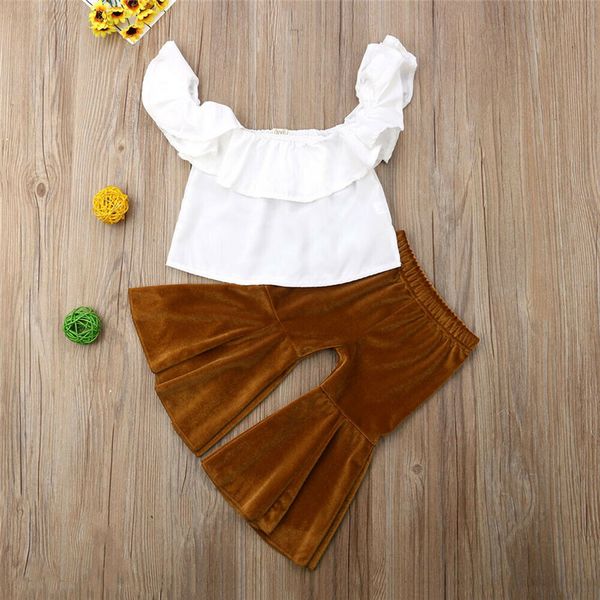 

1-5y девочки одежда малышей детская ребёнки ремень ruffled tops solid flare брюки и джинсы outfit лето 2020 vetement enfant fille, White