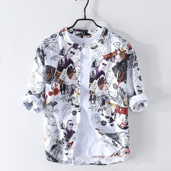 

cotton linen men shirt breathable men long sleeve shirt 2020 new casual shirts print loose y2422, White;black